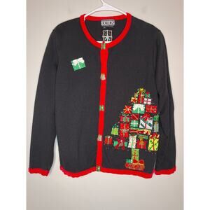 1990s Berek Christmas Tree Presents Maximalist 3D Bows Granny Teacher Cardigan L